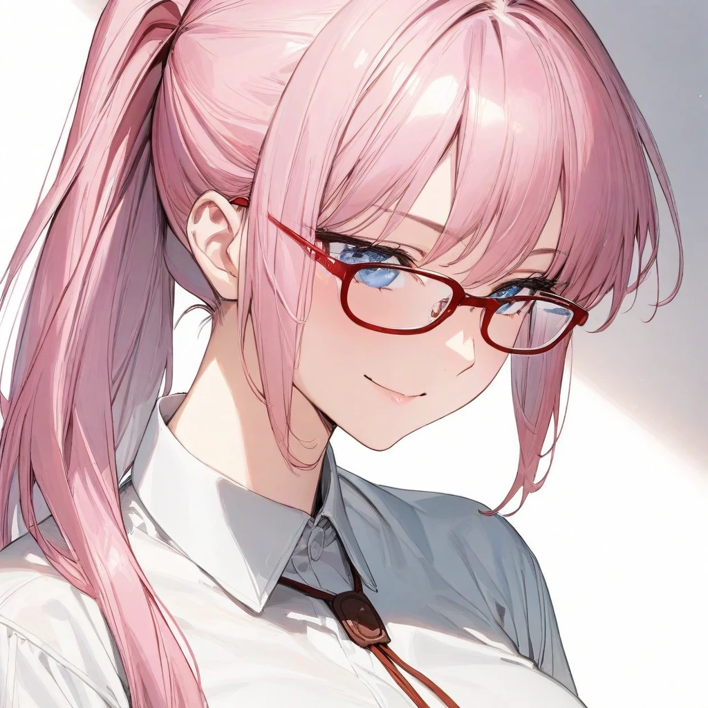 (masterpiece),(best quality),(ultra-detailed),(best illustration),(best shadow),(absurdres),(detailed background),(very aesthetic),shikimori, 1girl, solo, blue eyes, glasses, smile, pink hair, shirt, white shirt, long hair, white background, red-framed eyewear, upper body, collared shirt, simple background, ponytail, short sleeves<lora:shikimori:1>