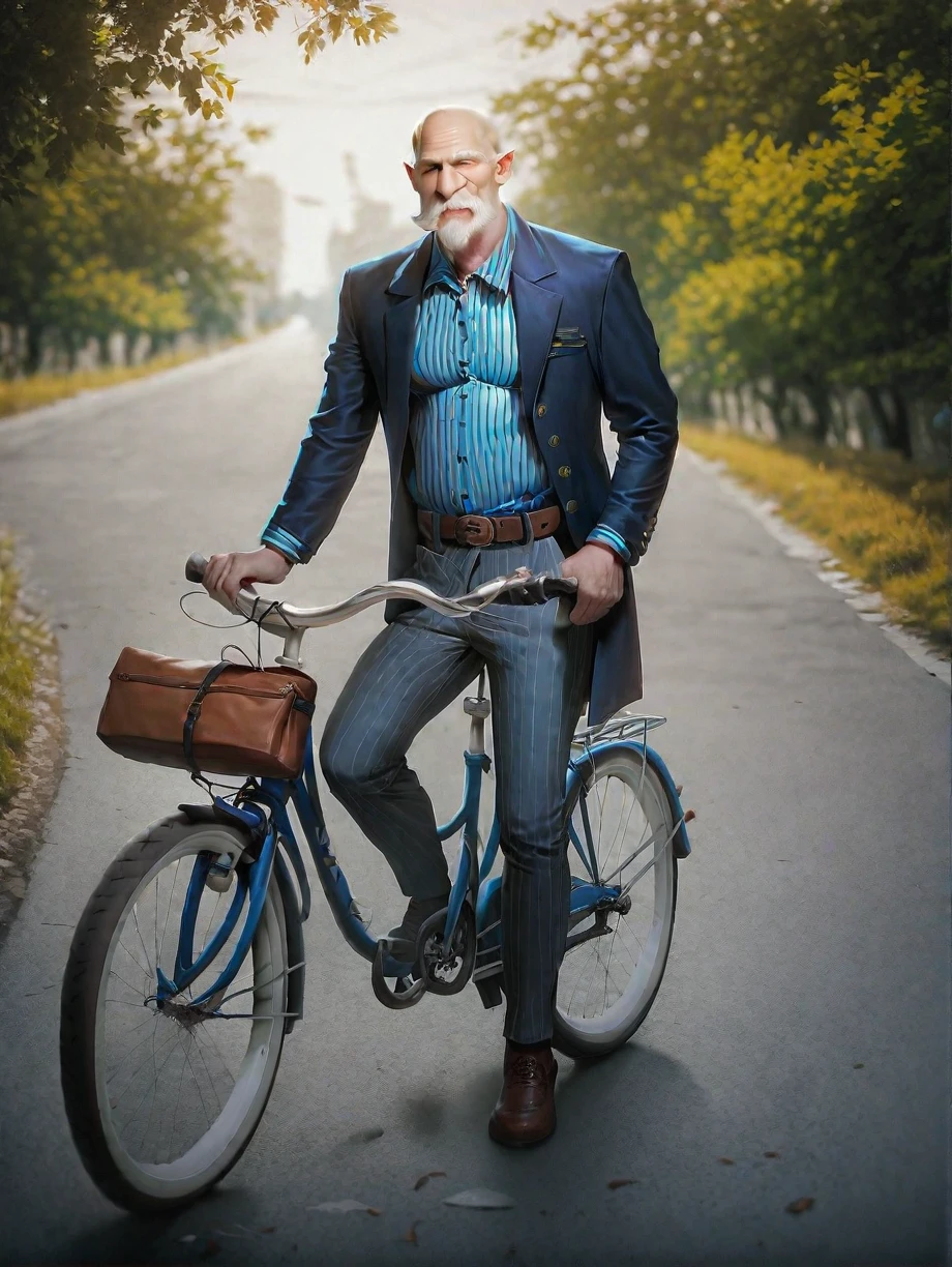 score_9, score_8_up, score_7_up, from front, solo, looking_at_viewer, shirt, long_sleeves, man, standing, jacket, full_body, white_hair, male_focus, outdoors, open_clothes, shoes, striped, collared_shirt, belt, pants, blurry, blurry_background, facial_hair, brown_footwear, blue_shirt, , motor_vehicle, beard, vertical_stripes, striped_shirt, mustache, brown_belt, road, bald, brown_pants, old, old_man, bicycle, vertical-striped_shirt, photo_background, striped_pants, pavement, wrinkled_skin, sitting astride bicycle, one foot on pedal
<lora:Bike_Girl_Pony:1.2>  <lora:Concept Art Eclipse Style LoRA_Pony XL v6:0.8> concept art, realistic