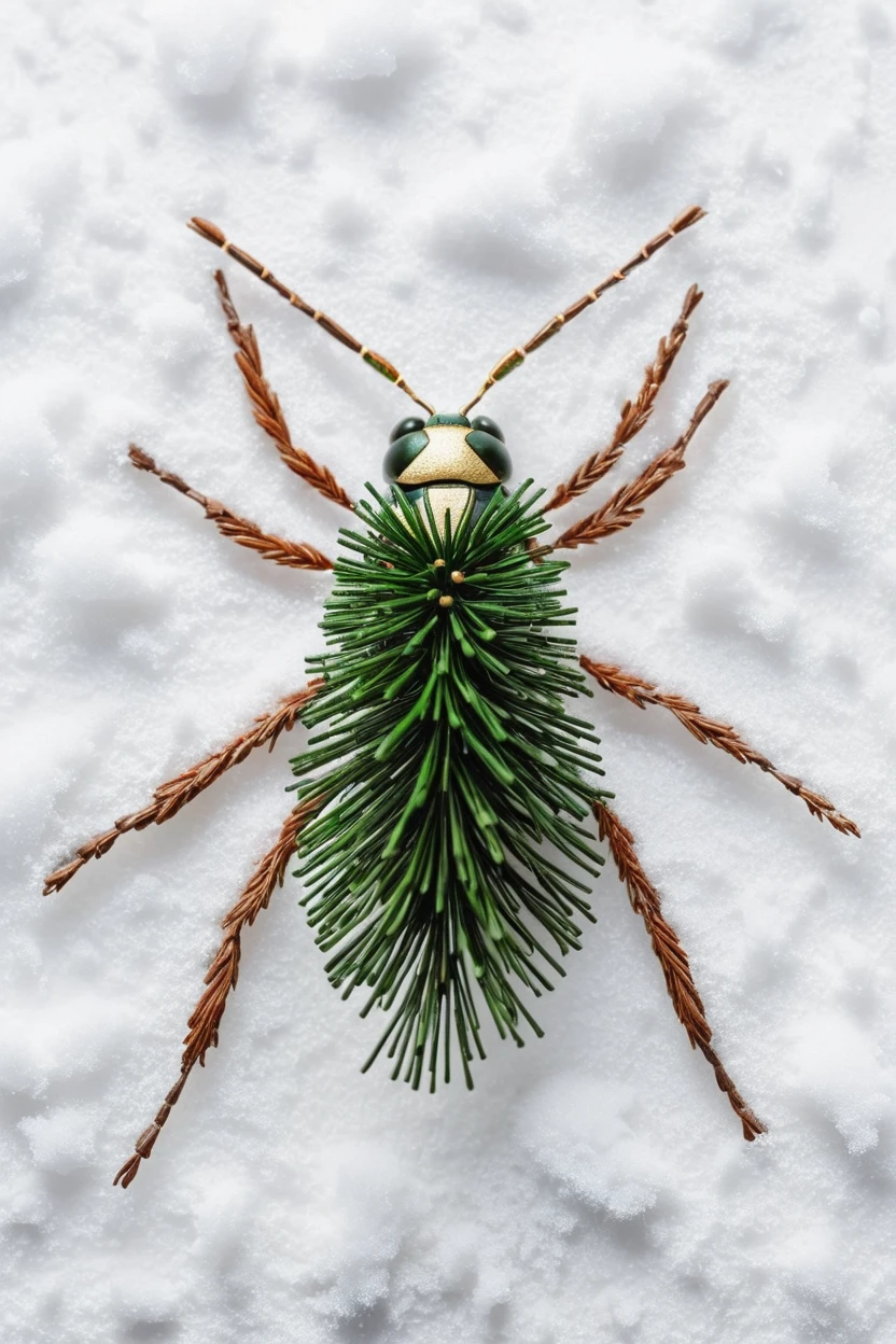 nature-inspired mixed media artwork resembling an insect, pine needles and twigs forming the body and legs, snow on white background, geometric arrangement, japanese-inspired aesthetic, realistic detail, simplistic and minimalistic, snow adds textural contrast, created by maico akiba, masterpiece