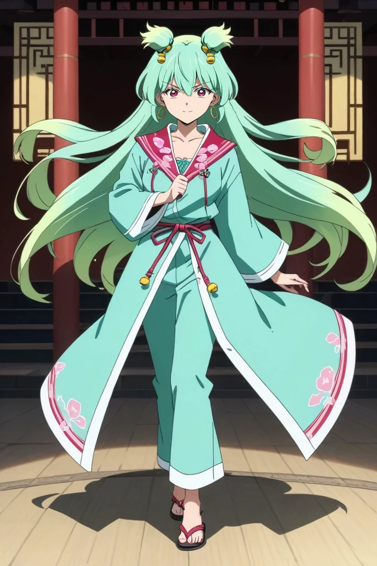 score_9, score_8_up, score_7_up, source_anime, rating_safe, intricate details, anime screencap, anime coloring, official style, looking at viewer, , 1girl, solo, <lora:tsugumi_hattori_pony:0.78>, tsugumi_hattori, green hair, pink eyes, long hair, bangs, hair between eyes, hair ornament, hair bell, straight-on, full body, great wall of china, light, (dynamic pose:1.2), light smile, aqua pajamas, hoop earrings, monk strap, <lora:sdxl_lightning_8step_lora:1>