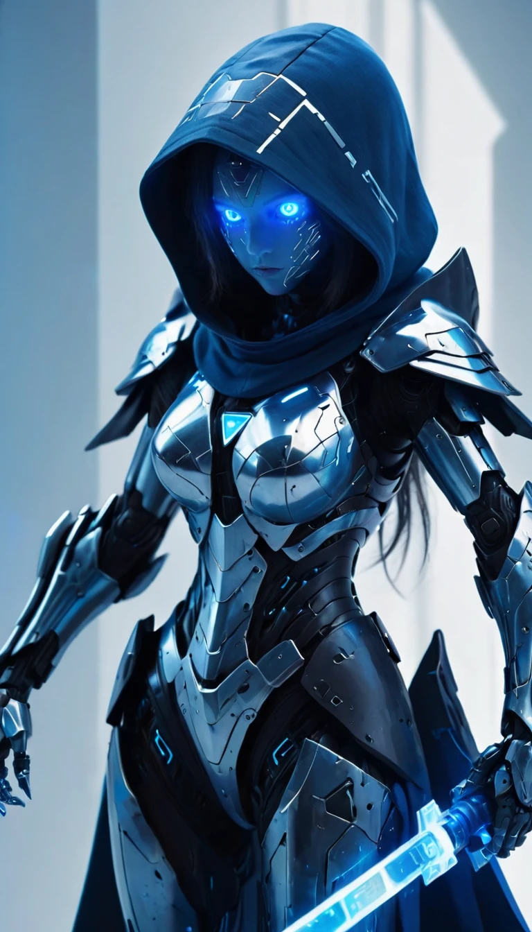 1girl,The image showcases a futuristic armored figure,possibly a warrior or a robot,standing in a dynamic environment. The figure is draped in a hooded cloak,and its armor is intricately designed with blue and silver hues. The armor appears to be made of a combination of metal and possibly some form of advanced technology,given the glowing blue details. The figure holds a weapon in one hand,which emits a blue glow,suggesting it might be energy-powered. The background is filled with a mix of dark and bright elements,including floating debris,digital interfaces,and a prominent geometric triangle emitting a radiant blue light.,