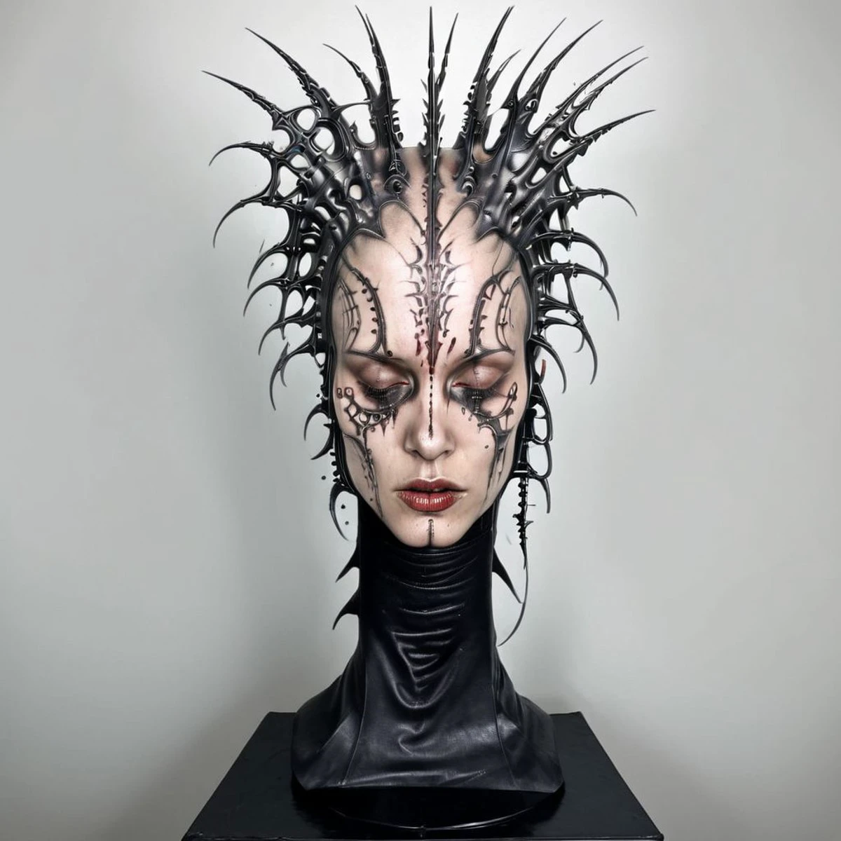 head on a pedestal, head in tattoos, tattoos on the head, tattoos on the face, blood, tribal, bio, giger, cyberpunk