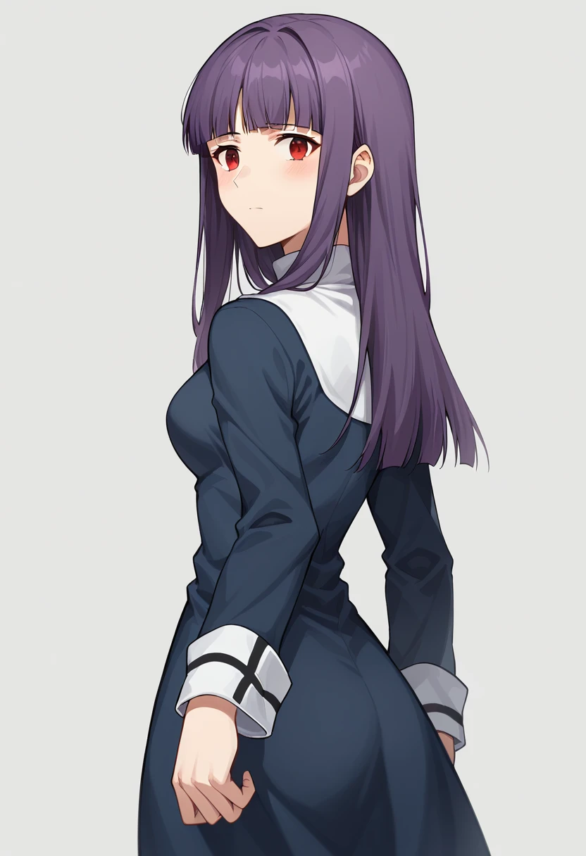 score_9, score_8_up, score_7_up, source_anime, rating_safe  <lora:a_fujino_PONY-100009:0.9> a_fujino, 1girl, solo, long hair, purple hair, blunt bangs, red eyes, blue dress, white turtleneck, long sleeves, long dress, sleeve cuffs, blush, expressionless, closed mouth, medium breasts, looking back, from from behind,standing, cowboy shot, ,white background,