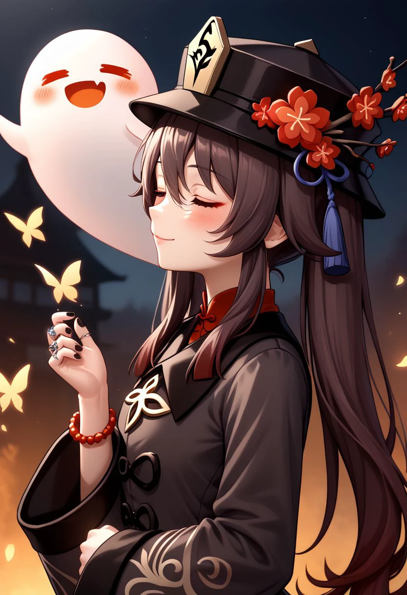 HuTao_DskFll, 1girl, solo, long hair, blush, smile, brown hair, long sleeves, hat, twintails, jewelry, closed mouth, closed eyes, upper body, flower, nail polish, bracelet, from side, coat, black headwear, chinese clothes, ring, bug, red flower, butterfly, tassel, black nails, beads, ghost, hat flower, bead bracelet, plum blossoms, hu tao (genshin impact), boo tao (genshin impact)  BREAK PonyXLV6_Scores