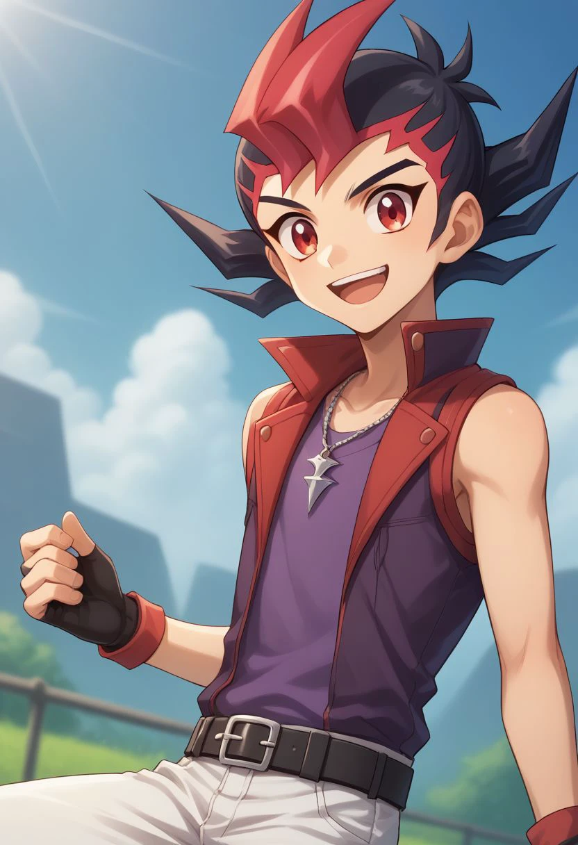 score_9, score_8_up, score_7_up, source_anime, highly detailed, cute,
yuma, 1boy, male focus, gloves, solo, red eyes, black hair, red hair, spiked hair, belt, fingerless gloves, multicolored hair, open mouth, smile, white pants, purple shirt, sleeveless, bang, necklace, upper body,
outdoor,