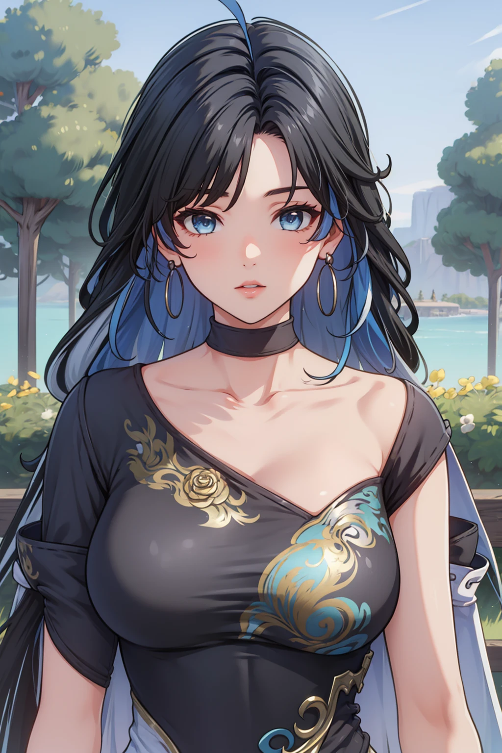 tmasterpiece,best qualtiy,offcial art,8k wallpaper,The is very detailed,illustratio,1个Giant Breast Girl,sky-bluehair,long whitr hair,Detailed eyes,Forrest gump,exposed bare shoulders,Hanfu,lakes,Pure,softl smile,bamboos,teas,self-assured,pretty eyes,Details of the face,Hairpins