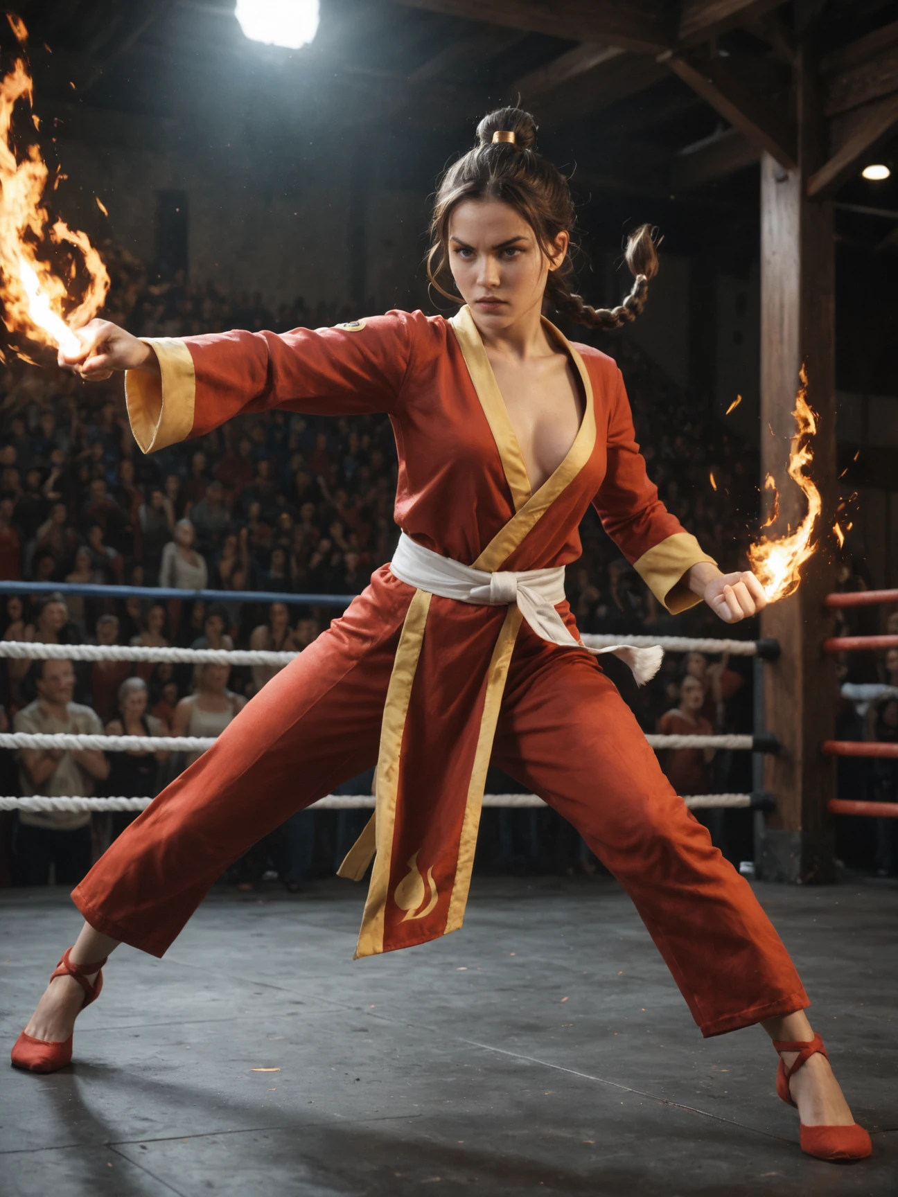 1girl, Fire bender, sexy outfit, flames, sparks, dynamic, powerful, elemental, magic, intense, gaze, martial arts stance, energetic, mystical, sparks, swirling, orange, red, fierce, background, realistic, score_9, score_8_up, score_7_up, score_6_up