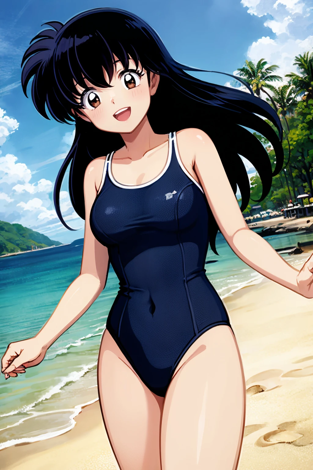 masterpiece, best quality,
1girl, kagomehigurashi, bangs, black hair,  long hair, brown eyes,
blue school swimsuit, blue one-piece swimsuit,
open mouth, smile, happy, solo, looking at viewer, sea, sand, blue sky, tropical island background   <lora:KagomeHigurashi:1>