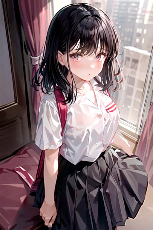 best quality,masterpiece,highly detailed,detailed hair, beautiful face, beautiful girl, ultra detailed eyes, cinematic lighting,
1girl,
<lora:KGHSv3:0.8>,((kghsv3)),black skirt,breast pocket,pleated skirt,school uniform,short sleeves,((white shirt)), black knee-high socks,
black hair, bangs, long hair, black eyes,<lora:KGHSSideBagv1:0.7>, ((kghssidebag)), shoulder bag,
<lora:add_detail:0.4>,