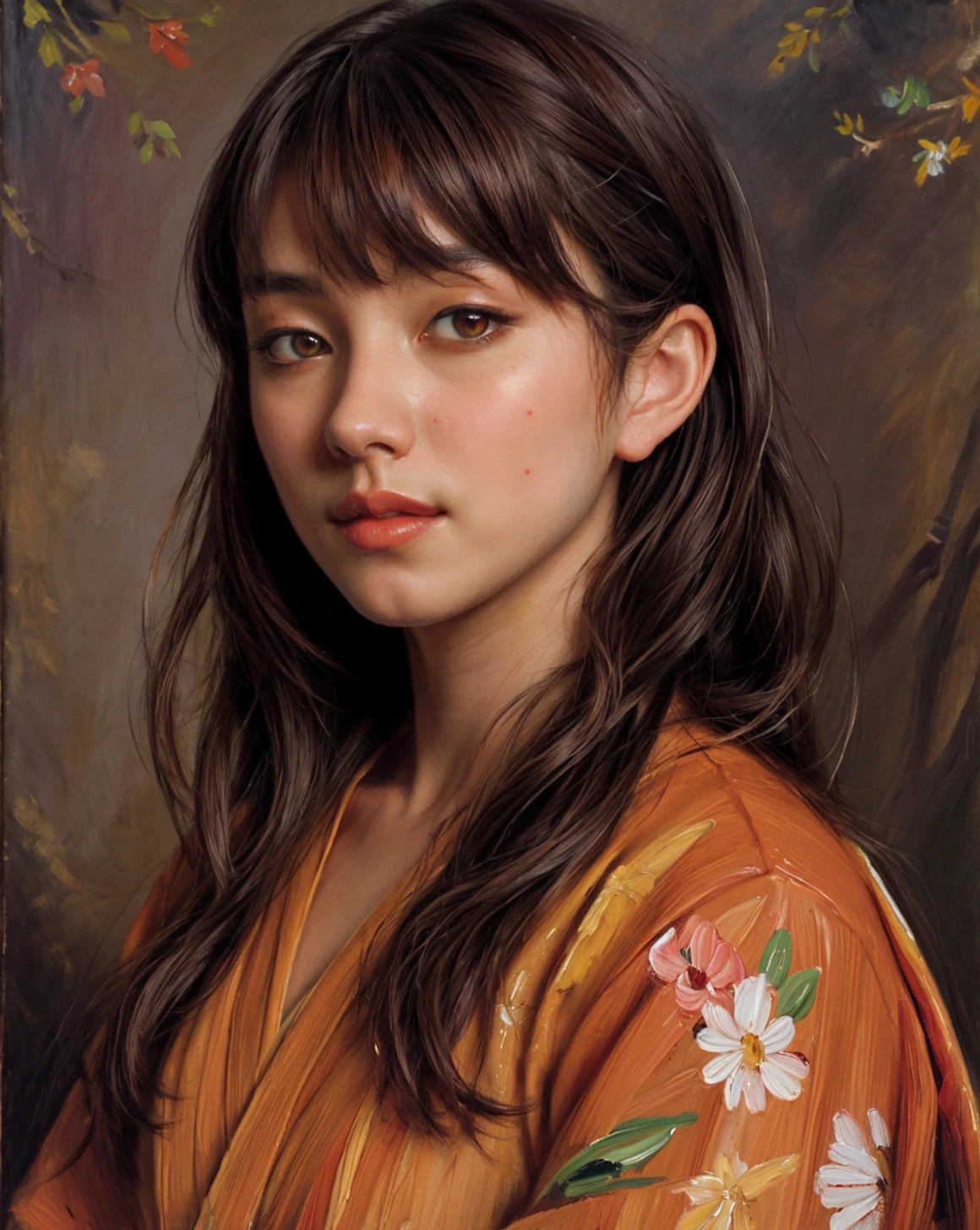 <lora:add_detail:0.5>, (oil painting:1.2), <lora:Bordizzo:0.8>, artistic, best quality, realistic face, brown eyes, long hair with bangs, solo, 1woman, portrait, kimono, <lora:classic_oil_painting:0.8>