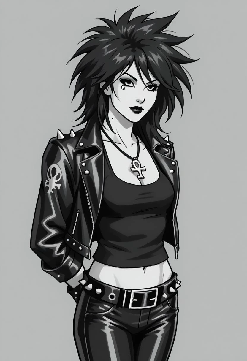 dsk_death, 1girl, solo, monochrome, jewelry, jacket,  jewelry, necklace, ankh necklace, nail polish, can, leather jacket, black tank top, tattoo, gloves, pants, midriff, vertical stripes, arm behind back, lipstick, makeup, belt, spiked hair, black boots, cleavage, makeup,  BREAK zPDXL2