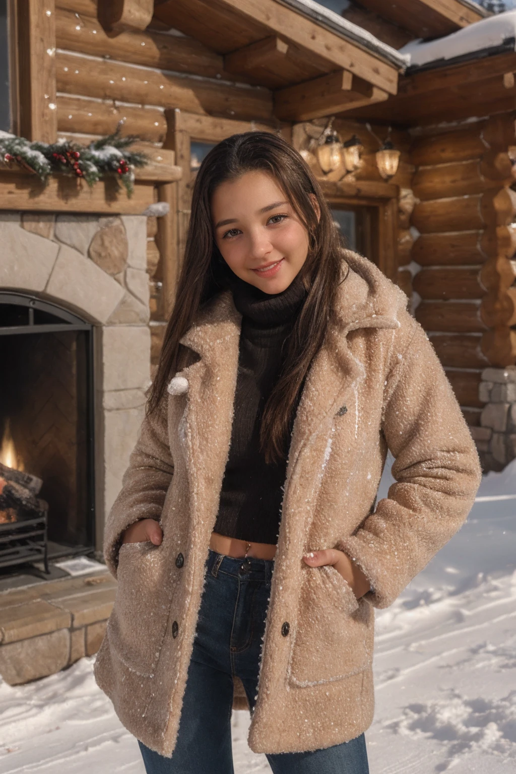 (masterpiece, solo, 1girl),(ultra detailed),RAW photo,subject,8k uhd,dslr,soft lighting,high quality,film grain,Fujifilm XT3,<lora:christinamodel:0.9>,christinamodel,wearing winter coat,in front of a ski lodge,fireplace,modeling,beuatiful young woman,