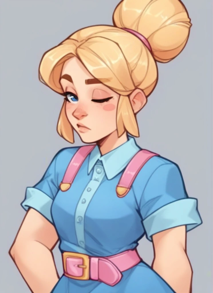 score_9, score_8_up, score_7_up, <lora:bspiper:1>bspiper , 1 girl blonde hair ,hair bun ,blue dress , ,pink belt ,upper body, ,short sleeves,short dress, <lora:Fsmaverick_Style_PonyXL:1>