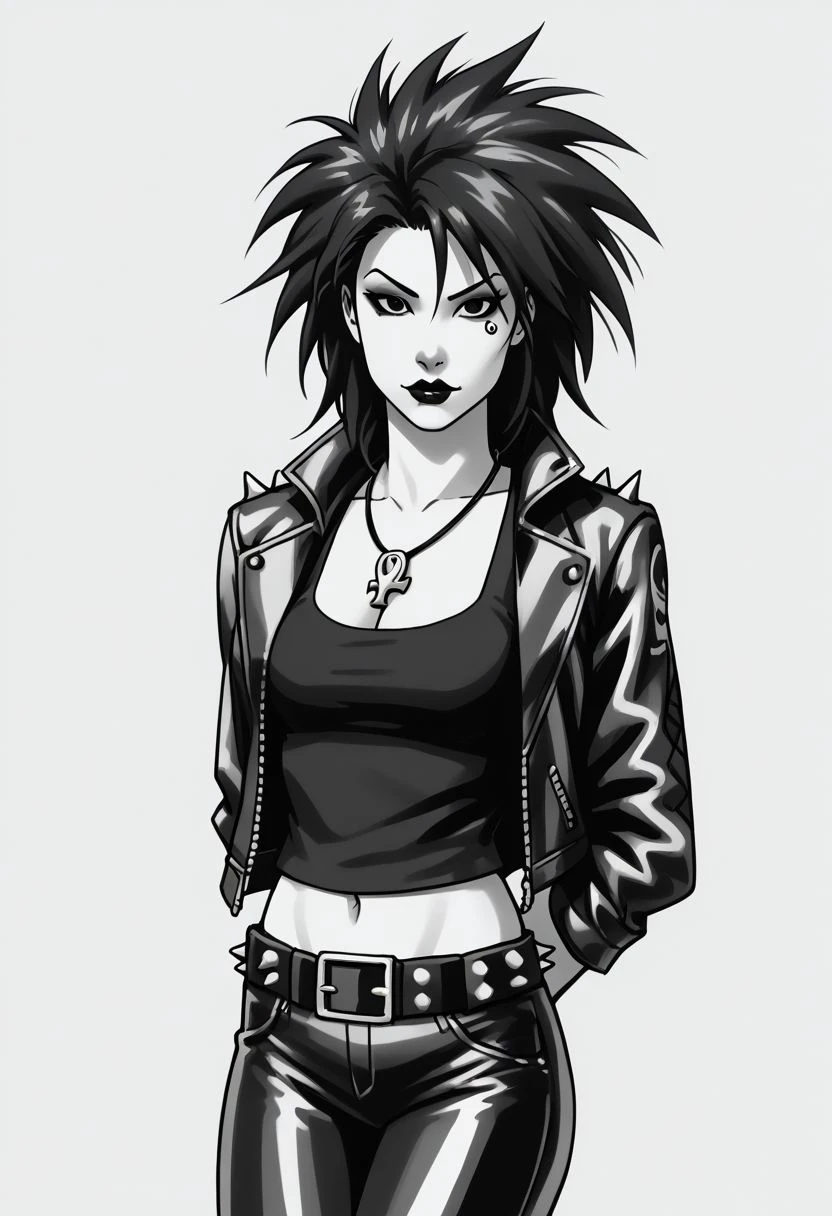 dsk_death, 1girl, solo, monochrome, jewelry, jacket,  jewelry, necklace, ankh necklace, nail polish, can, leather jacket, black tank top, tattoo, gloves, pants, midriff, vertical stripes, arm behind back, lipstick, makeup, belt, spiked hair, black boots, cleavage, makeup,  BREAK zPDXL2