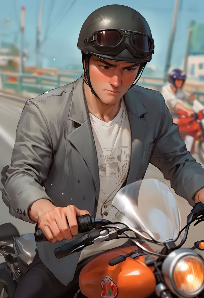 score_9, score_8_up, score_7_up, score_6_up, score_5_up, 1boy, tadashi_hamada, helmet, goggles, riding motorcycle, white shirt, grey jacket, speed up, motion blur, vfx, depth of field