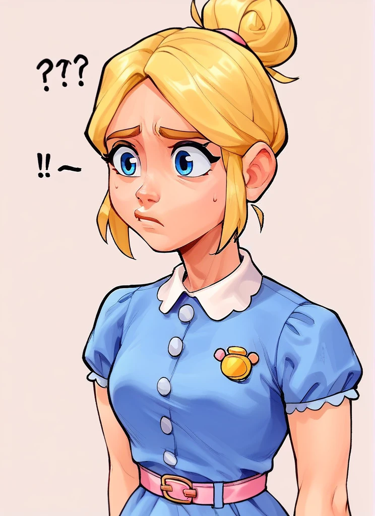 score_9, score_8_up, score_7_up, <lora:bspiper:1>bspiper , 1 girl blonde hair ,hair bun , blue dress ,pink belt ,upper body, confused, <lora:Navier_Haruka_2T_Artist_Style_PonyXL:1>