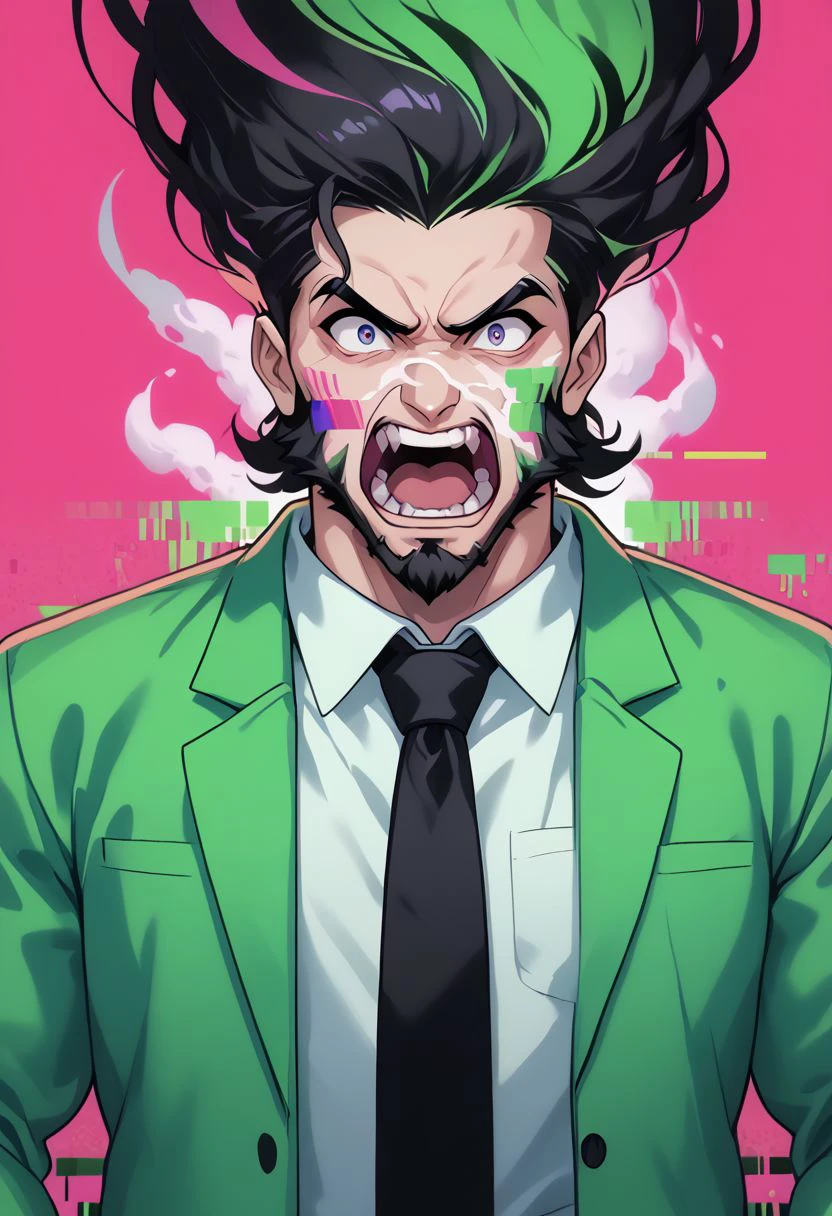 kaoselement style, 1boy, facial hair, male focus, solo, necktie, shirt, collared shirt, open mouth, black hair, white shirt, beard, teeth, black necktie, looking at viewer, jacket, pink background, glitch, vapor, smoke, digital noise, gradient overlay, yelling, chaos, panic, disorder, my job is done here, chaotic, chaos bean BREAK zPDXL2