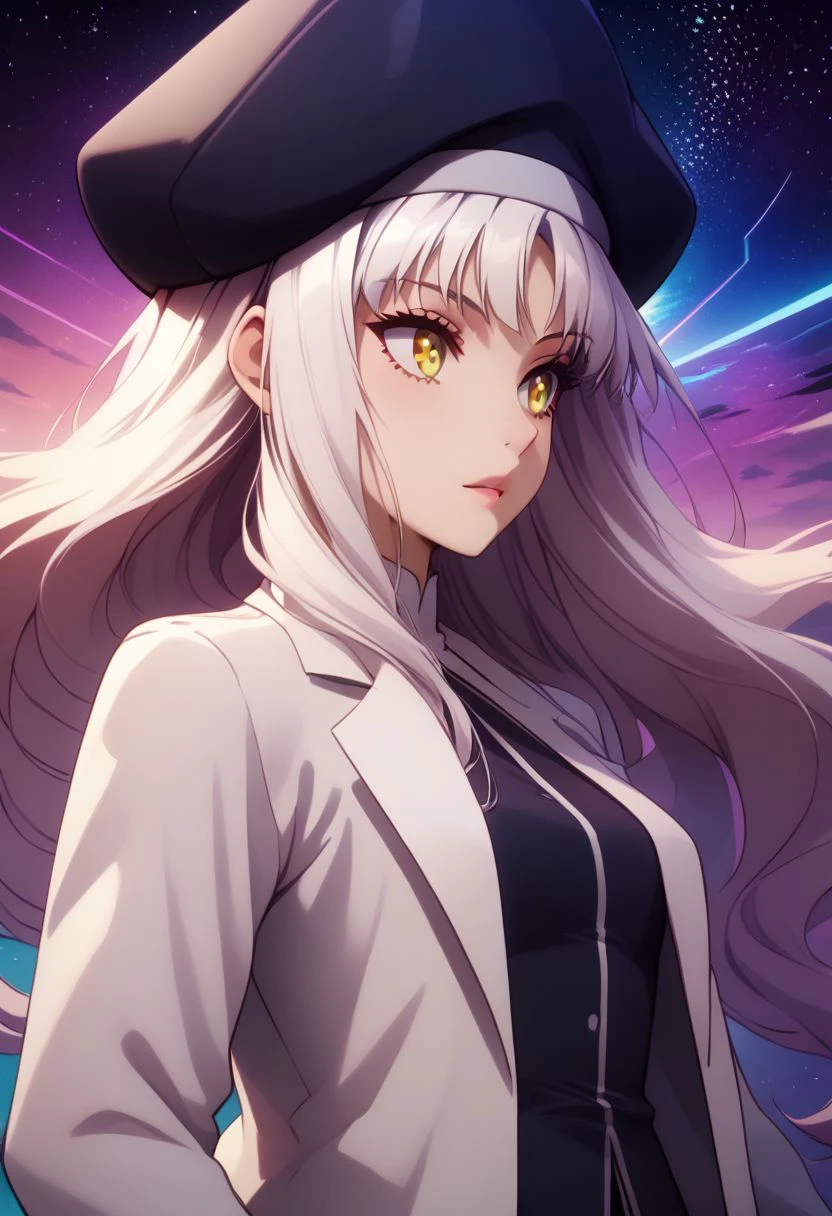 score_9, score_8_up, score_8, medium breasts, (curvy), cute, eyelashes,  rating_safe,
BREAK, 
zzcaren, long hair, yellow eyes, white hair, sidelocks, hat, beret, white labcoat,
BREAK, 
dynamic angle, stars, floating, colorful, pink, blue eyes, black bow, from side, on back, spaceship, technological,
zPDXL,