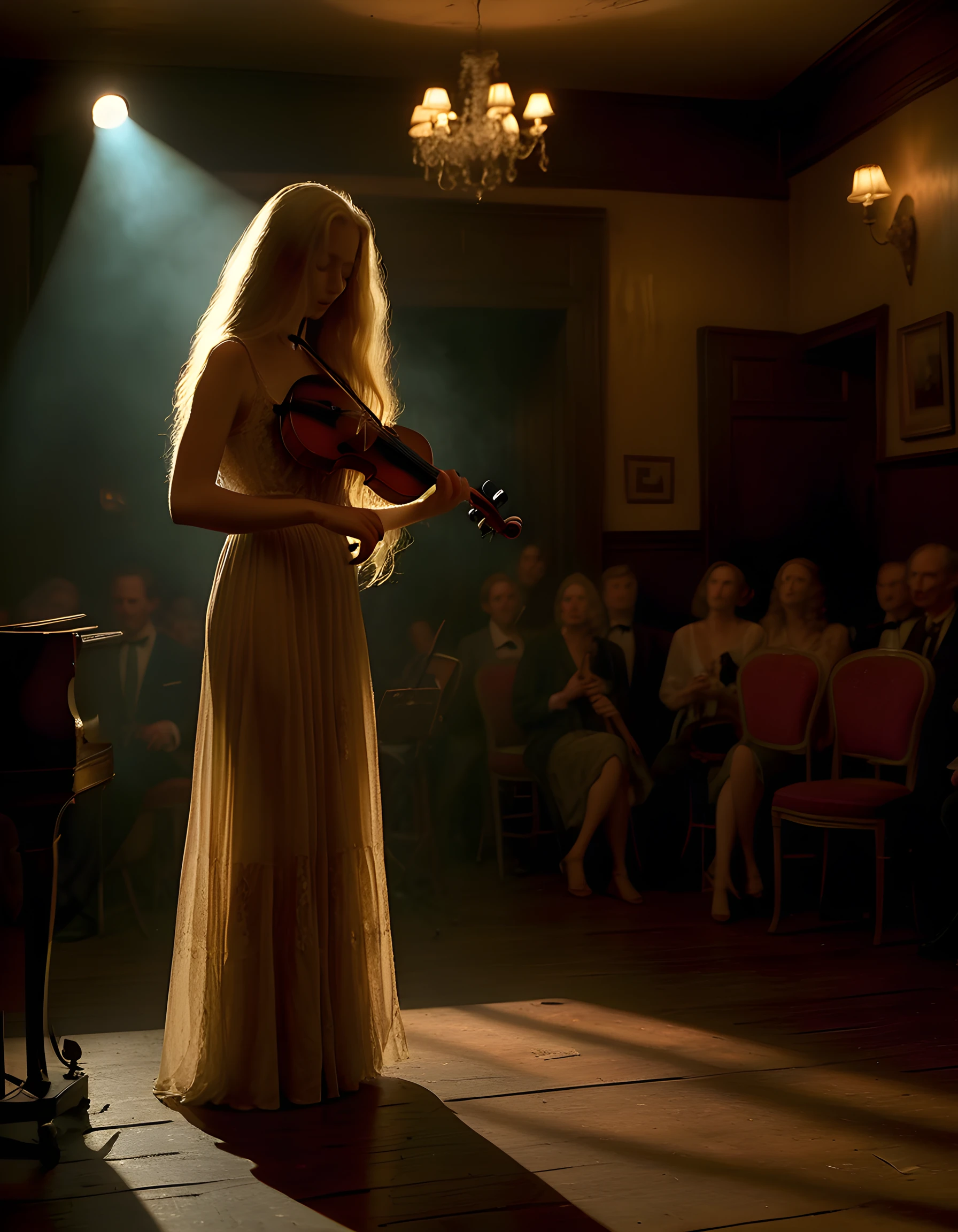 In the dimly lit, smoky jazz club, a single, realistic figure captures the audience's attention - Lilly, a woman with long, golden hair, standing alone on the small stage. With her vintage violin in hand, she enchants the crowd with her soulful music, her expressive face and slender fingers gracefully plucking at the strings as the melancholic tones echo through the room. The soft spotlight illuminates her from below, casting long shadows across the worn wooden floor, creating a romantic atmosphere that transports the audience back in time, making Lilly seem like an ethereal vision brought to life.