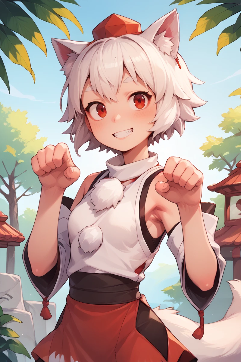 score_9, score_8_up, score_8, score_9, 1 girl,  source_anime, <lora:inubashiri_momiji_pony-10:0.8>  inubashiri momiji, white hair, short hair, wolf ears, red eyes, tokin hat, detached sleeves, armpits, two-tone skirt, outdoors, smile, paw pose,  <lora:PossumMachine:0.8> posmach <lora:OtherStyle_03-000003:0.8>