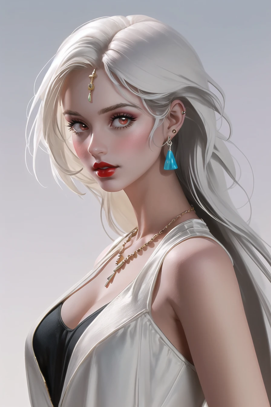 1girl, jewelry, solo, earrings, necklace, long hair, lipstick, retro artstyle, makeup, 1990s (style), red lips, white hair, looking at viewer,realistic,photo \(medium\),photo inset