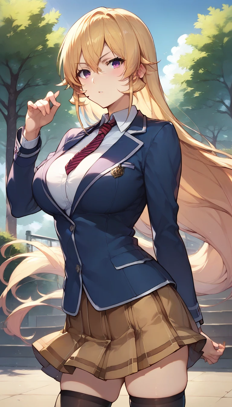 score_9,score_8_up,score_7_up,score_6_up,official art,outdoors,solo,standing,cowboy shot,looking at viewer,facing viewer,Nakiri Erina,very long hair,blonde hair,sidelocks,hair between eyes,parted bangs,purple eyes,school uniform,blue jacket,blazer,wing collar,red necktie,striped necktie,white shirt,collared shirt,long sleeves,large breasts,skindentation,miniskirt,brown skirt,plaid skirt,pleated skirt,black thighhighs,zettai ryouiki,loafers,<lora:Nakiri_Erina(fw)-Pony:1.6>,<lora:Anime Style LoRA XL>,