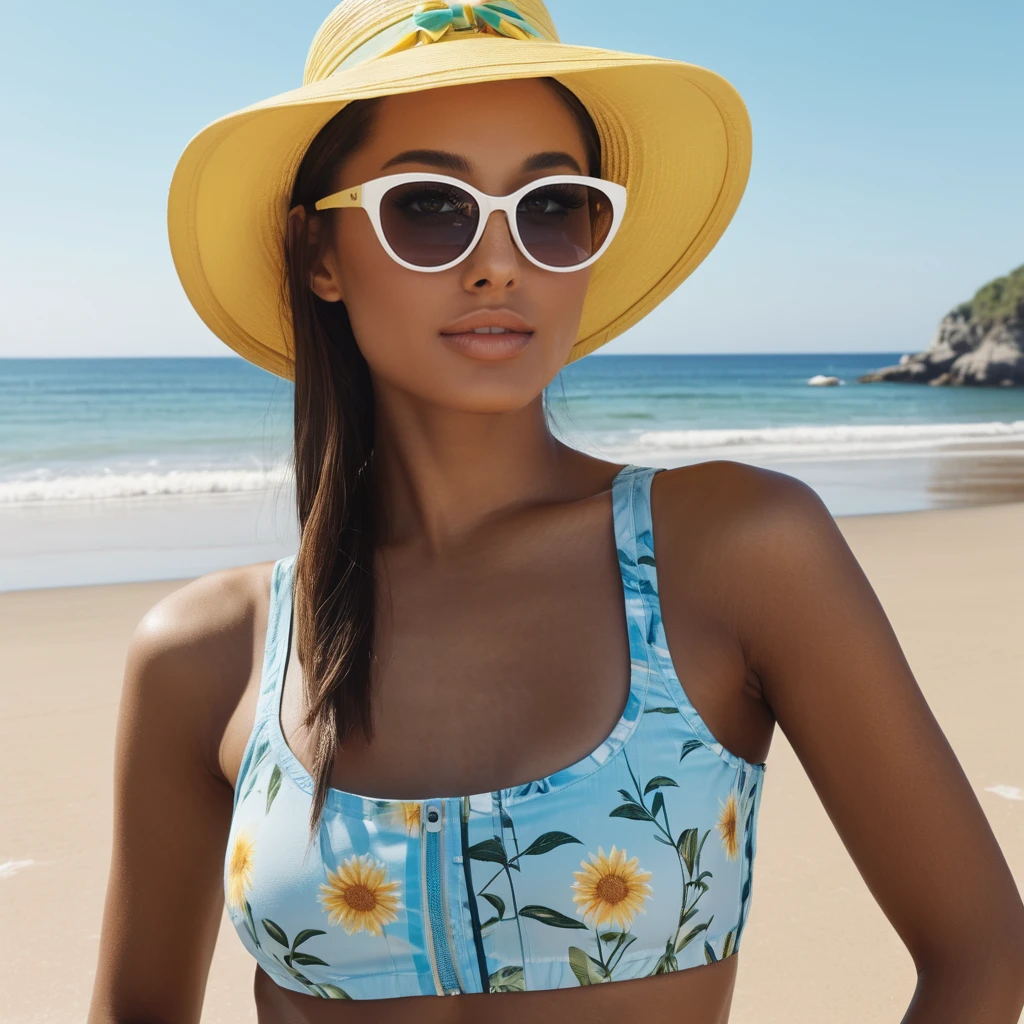 Hyperrealistic art close-up photo of a 4r14n4 a woman,wearing a sunny fun outfit, at a beach, looking at camera,  <lora:arijuu:.8> . Extremely high-resolution details, photographic, realism pushed to extreme, fine texture, incredibly lifelike