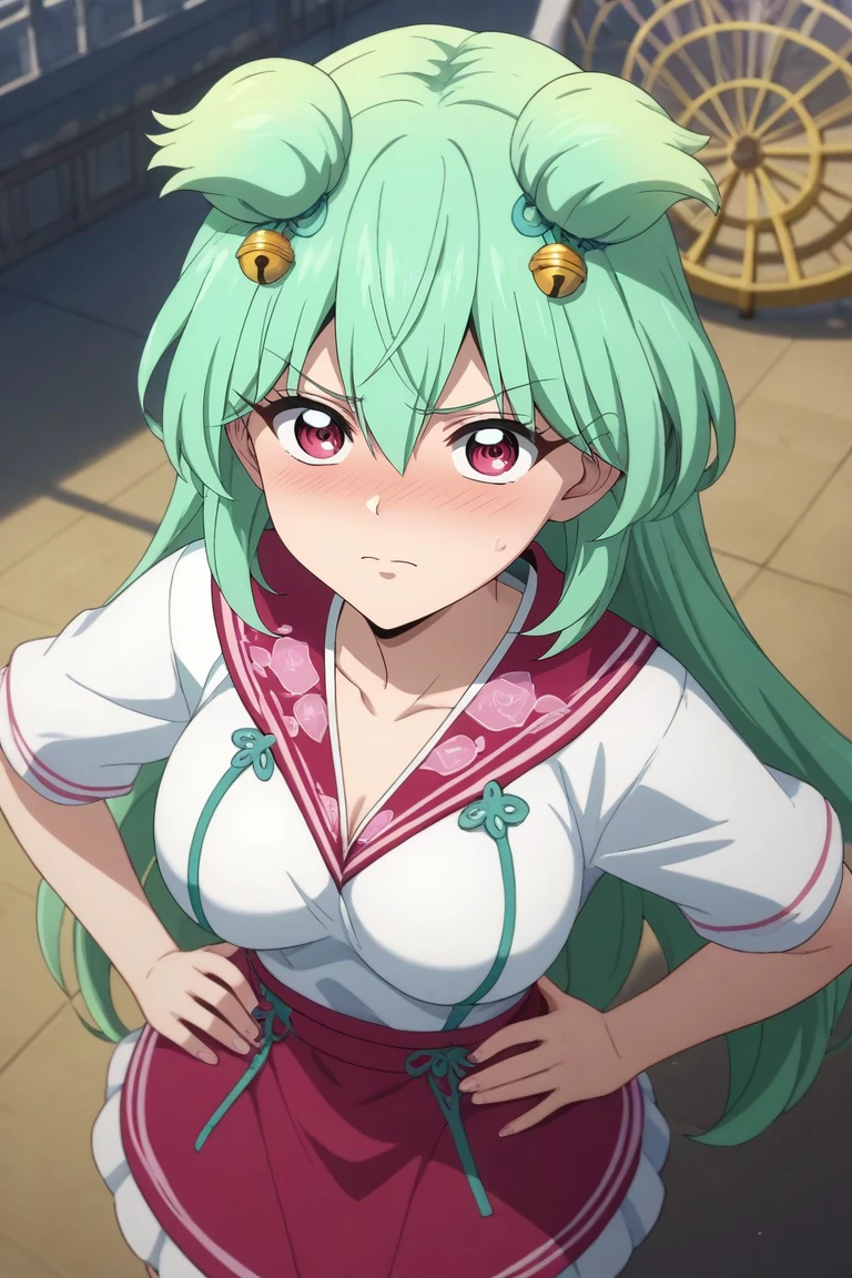 score_9, score_8_up, score_7_up, source_anime, rating_safe, intricate details, (3d:0.4), looking at viewer, , 1girl, solo, <lora:tsugumi_hattori_pony:0.88>, tsugumi_hattori, green hair, pink eyes, long hair, bangs, hair between eyes, hair ornament, hair bell, from above, amusement park, carousel, ferris wheel, indoors, light, hand on hip, embarrassed, nose blush, haute couture, floppy hat, <lora:sdxl_lightning_8step_lora:1>
