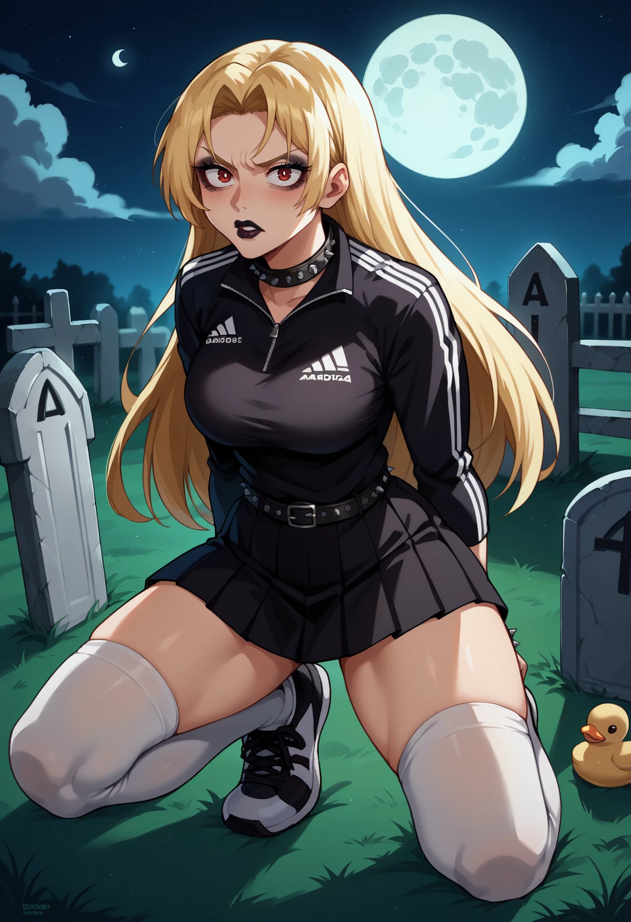 score_9, score_8_up,score_7_up, source_anime,1girl, solo, <lora:EPjjkTsukumoYuki:1>, EPjjkTsukumoYuki, long hair, blonde hair, red eyes, parted bangs, tsundere, :T, flustered, night, tombstone, graveyard, moon, moonlight, spooky, makeup, eyeliner, black lipstick, gothic, sound effects, looking at viewer, kneehighs, white legwear, sneakers, adidas, track suit, black jacket, miniskirt, black skirt, pleated skirt, studded belt, studded bracelet, studded collar, rubber duck,