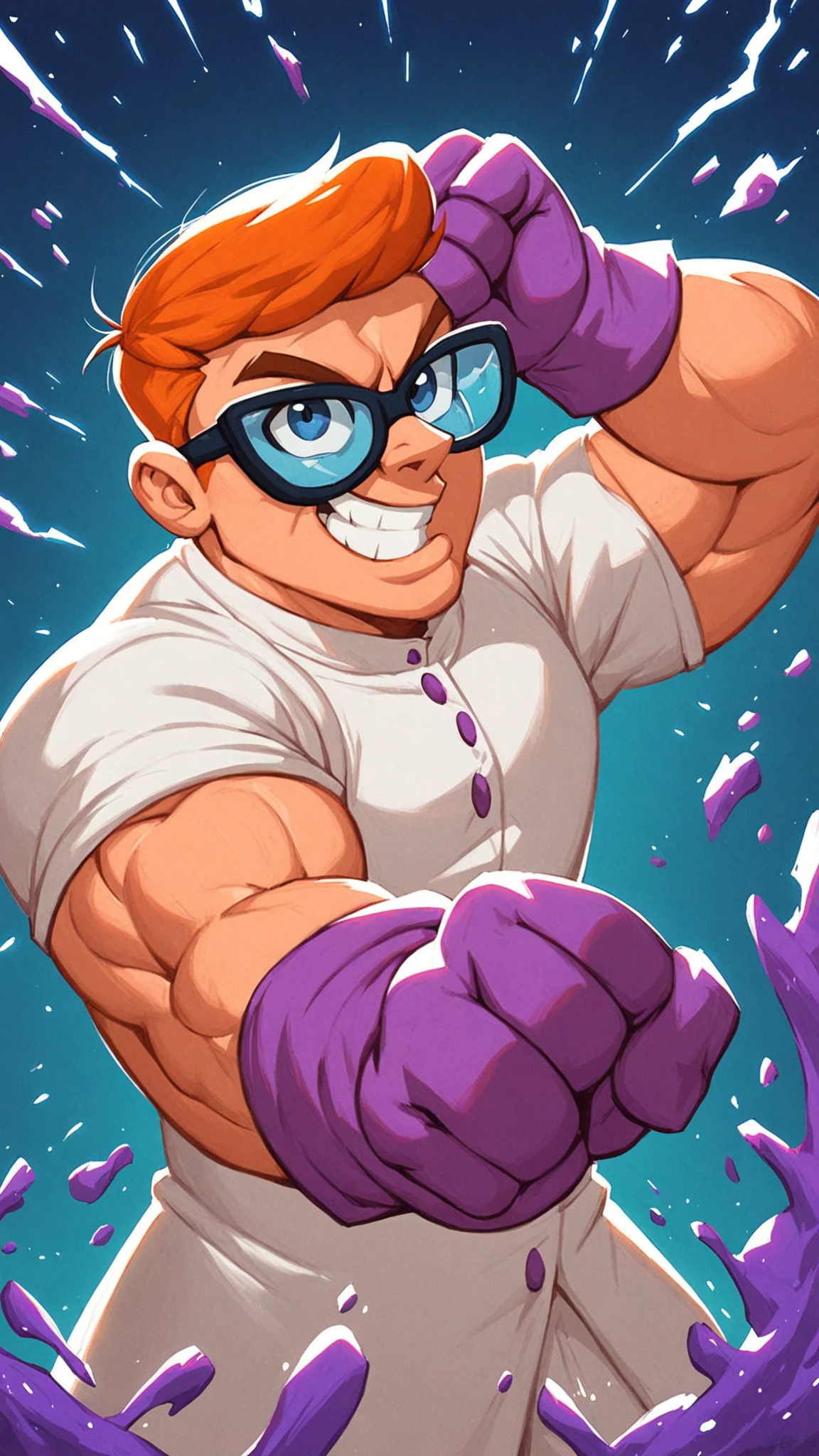 score_9, score_8_up,score_7_up, score_6_up,laboratory,<lora:DX_TER:1>dx_ter,solo, 1boy, scientist outfit, orange hair, gloves, purple gloves, glasses,  smiling,bodybuilding,showing muscles, exploding outfit