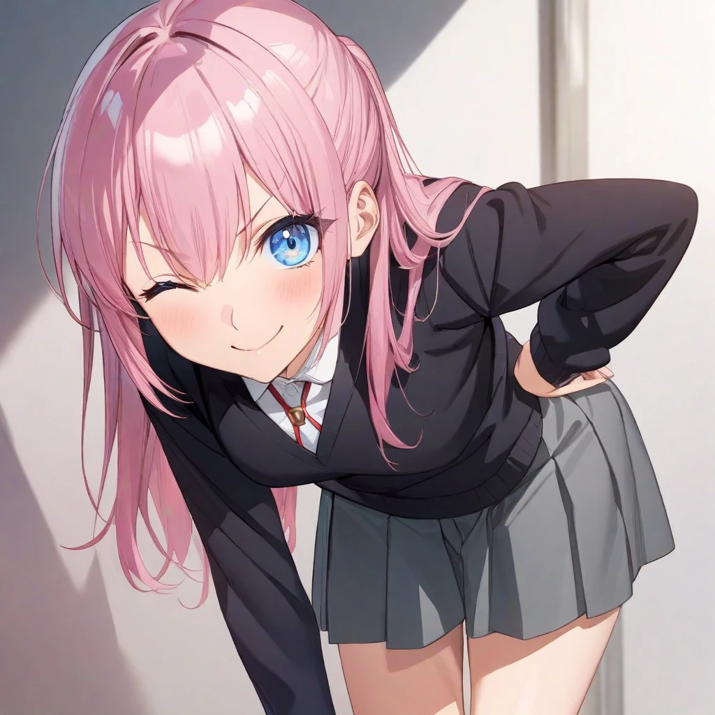 (masterpiece),(best quality),(ultra-detailed),(best illustration),(best shadow),(absurdres),(detailed background),(very aesthetic), shikimori, 1girl, one eye closed, pink hair, solo, blue eyes, long hair, skirt, smile, school uniform, grey skirt, looking at viewer, white background, hand on hip, leaning forward, simple background, shirt <lora:shikimori:1>