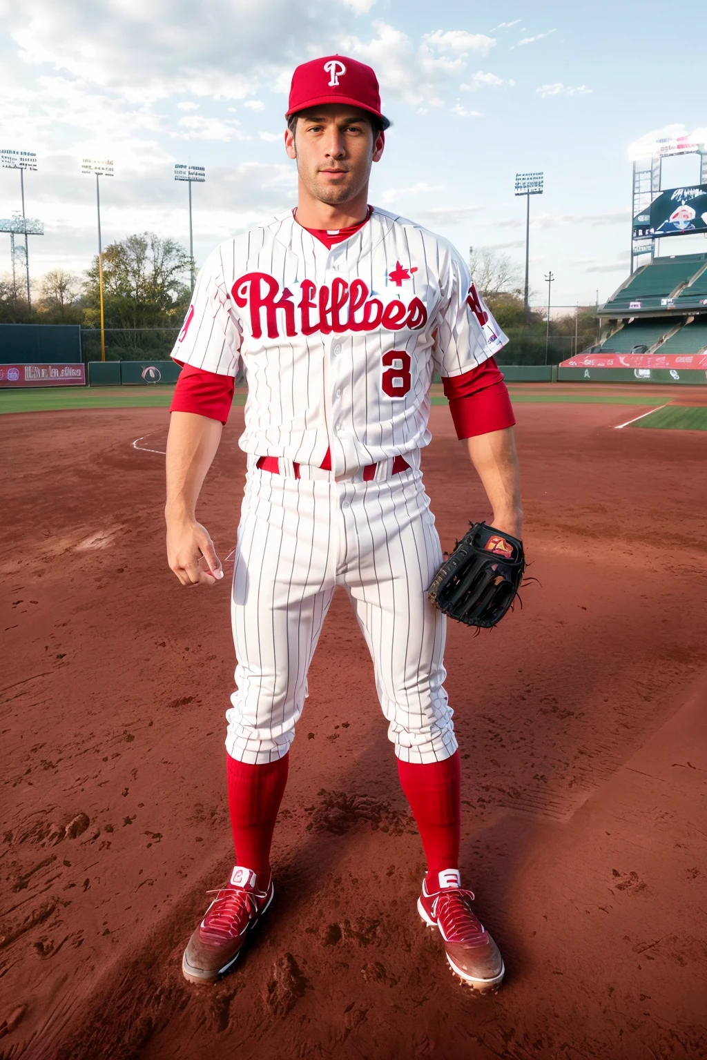 (late evening, (baseball field), stadium lighting), standing at third base,  LeoGiamani, slight smile, baseballplayer, (Philadelphia Phillies baseball uniform), white jersey with red pinstripes, wearing red baseball cap, white pants with red pinstripes, red socks, (wearing baseball mitt), (((full body portrait))), wide angle,  <lora:LeoGiamani:0.8> <lora:Clothing - Sexy Baseball Player:0.55>