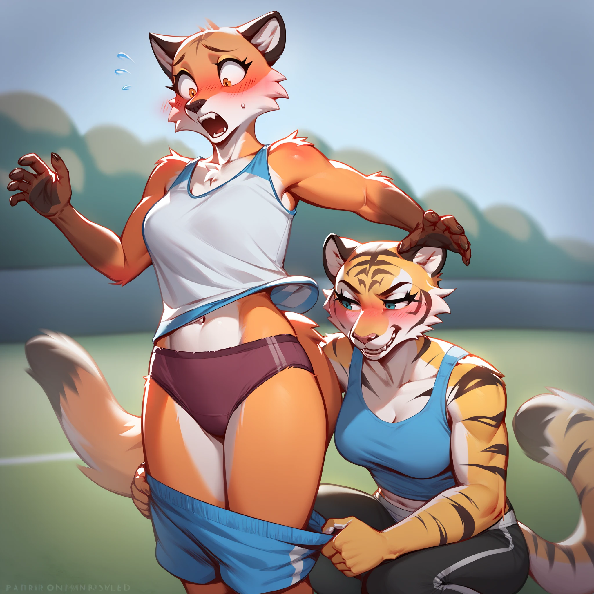 score_9, score_8_up, score_7_up, anthro, assisted exposure, pantsing, blush, pants pull, duo, tank top, female, female/female, athletic, pants, simple background, underwear, panties, tiger, fox, <lora:PantsingV2PonyXL:1.3>, sport's field, smug, blush, embarrassed, squatting, standing