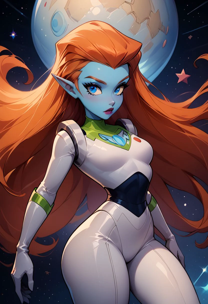 score_9, score_8_up, score_8, medium breasts, (curvy), cute, eyelashes,  rating_safe,
BREAK, 
zzMira, blue eyes, blue skin, orange hair, pointy ears, white spacesuit, looking at viewer, thighhighs, gloves, thighs, lips, spacesuit, makeup, thick thighs, lipstick, skin tight, white spacesuit, high quality
BREAK, 
dynamic angle, stars, colorful, from side, on back, spaceship, technological,
zPDXL,