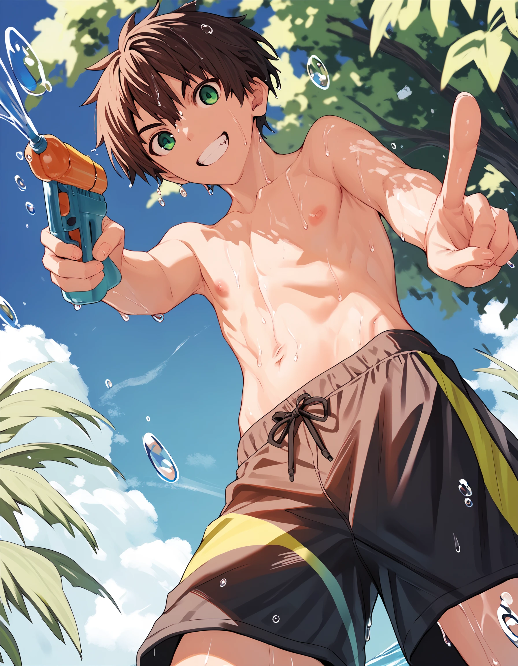 score_8, score_8_up, score_7_up, score_6_up, source_anime, outdoors, park, from below, fisheye, 1boy, solo, brown hair, green eyes, grin, topless, swim trunks, wet hair, pointing water gun at viewer, standing, water drop <lora:nayoshi-amxl-v4c-ShoAI:1>