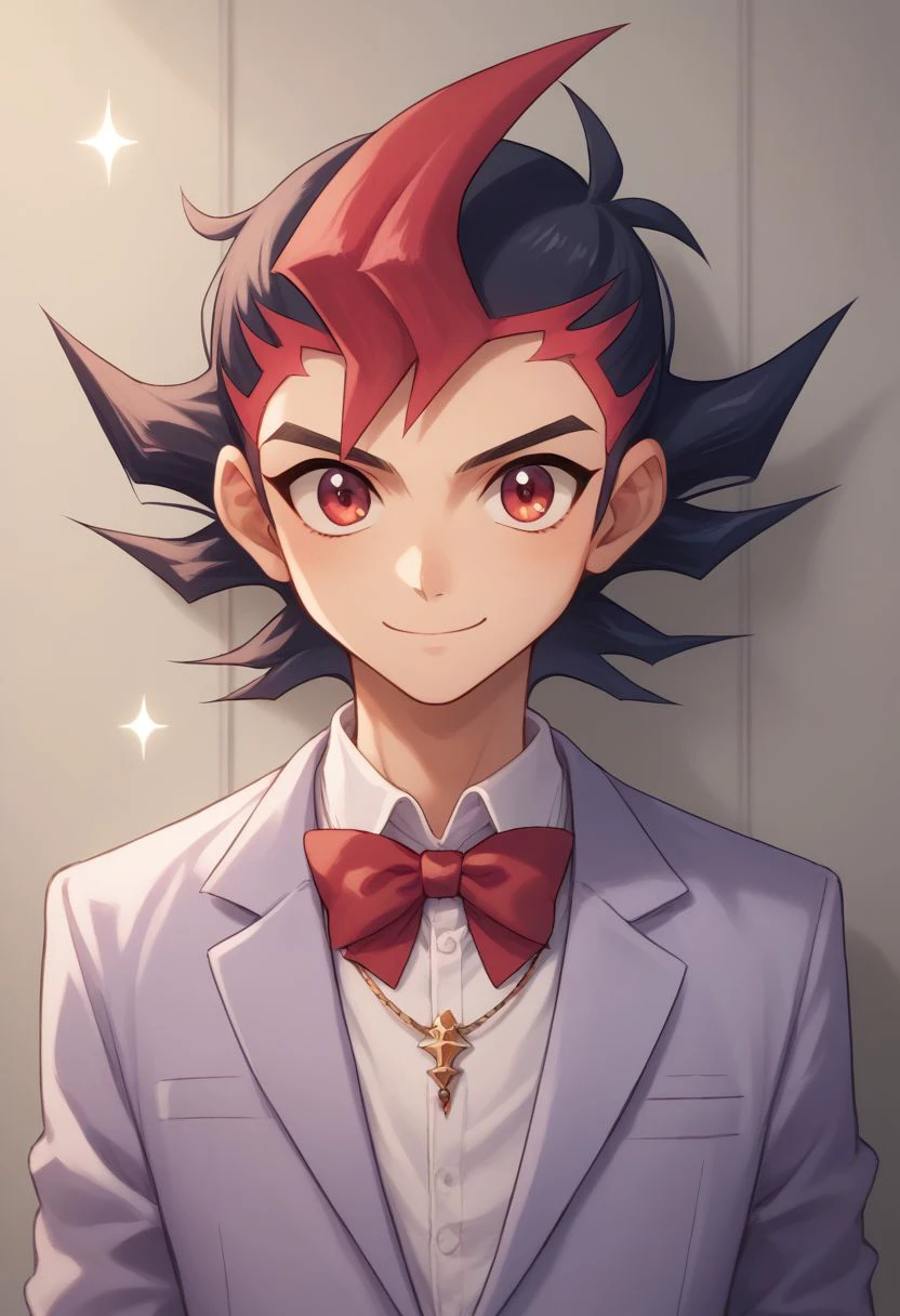 score_9, score_8_up, score_7_up, source_anime, highly detailed, cute,
yuma, 1boy, male focus, solo, red eyes, smile, closed mouth, multicolored hair, bangs, jewelry, black hair, red hair, necklace, formal, suit, bowtie, light purple suit, sparkle,
indoor,