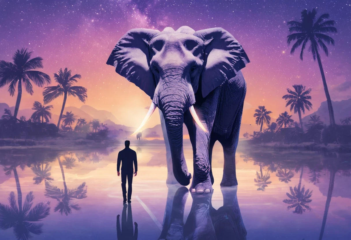 A photo manipulation of a man walking towards a large elephant with glowing tusks in a surreal landscape. The elephant is standing in front of a body of water with a reflection of the elephant and the man. There are palm trees on either side of the man and the elephant. The sky is a dark purple color with a sunset in the distance. There are stars in the sky. There are blue butterflies flying around the man's feet.
extremely detailed,
 <lora:Manipulator:1>