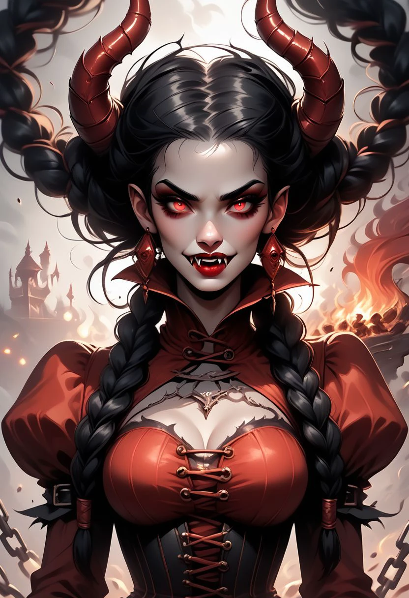 kaoselement style,  f1r3elemental style, 1girl, red eyes, solo, breasts, horns, earrings, black hair, jewelry, looking at viewer, vampire, braid, fangs, pointy ears, upper body, makeup, puffy sleeves, long hair, medium breasts, red lips, juliet sleeves, cleavage, high collar, twin braids, fingernails, lipstick, long sleeves, corset, eyelashes, chain, chaos, panic, disorder, my job is done here, chaotic, chaos bean, fire, flames, smoke, embers, made of fire, on fire BREAK zPDXL2