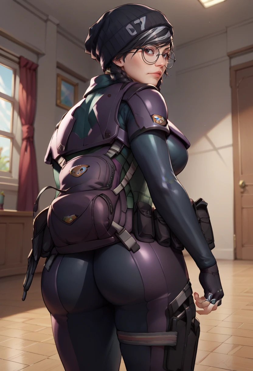 score_9,score_8_up,score_7_up,score_9,score_8_up,score_8,ultra detailed,beautiful face,highres BREAK <lora:dokkaebi:1>,dokkaebi,1girl,short hair,black hair,gloves,hat,black eyes,glasses,black gloves,fingerless gloves,twin braids,black headwear,bodysuit,skin tight,black-framed eyewear,pouch,round eyewear,black bodysuit,beanie,holster,tactical clothes,cowboy shot,room,room background,from behind, looking back,