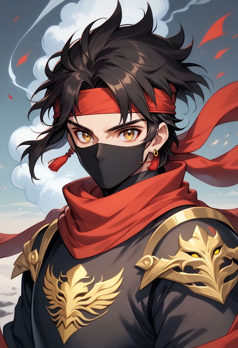 kaoselement style, 1boy, male focus, smoke, solo, scarf, looking at viewer, red scarf, mask, headband, jewelry, armor, earrings, black hair, mouth mask, upper body, red headband, covered mouth, shoulder armor, yellow eyes, brown eyes, wind, ninja, bandana, chaos, panic, disorder, my job is done here, chaotic, chaos bean BREAK zPDXL2