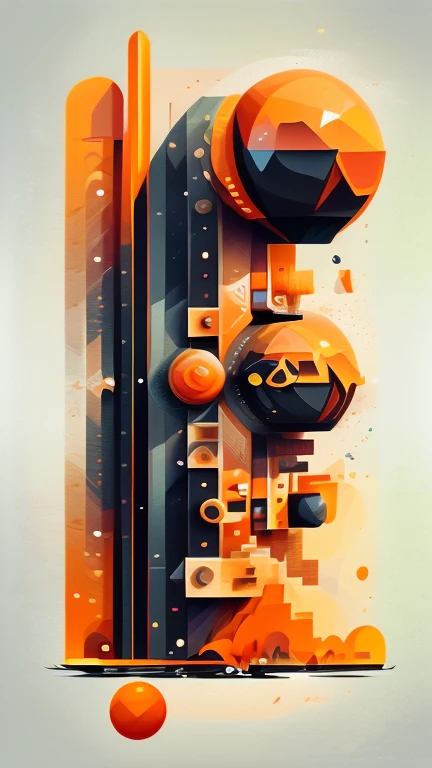 Create flat design in an novel illustration style and detailed illustration mainly in warm, black and orange tones. It consists of various geometric elements such as straight lines, semi-circles and 3d shapes. These shapes are arranged in a detailed manner, creating a diagonal composition.