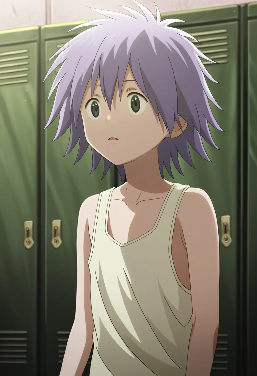 score_9, score_8_up, score_7_up, score_6_up, highly detailed, masterpiece, best quality,detailed,intricate details, amazing quality, best aesthetic, absurdres,source_anime, lui_kd, purple hair, black eyes, 1boy, male focus, solo, tank top<lora:EMS-398506-EMS:1.000000>