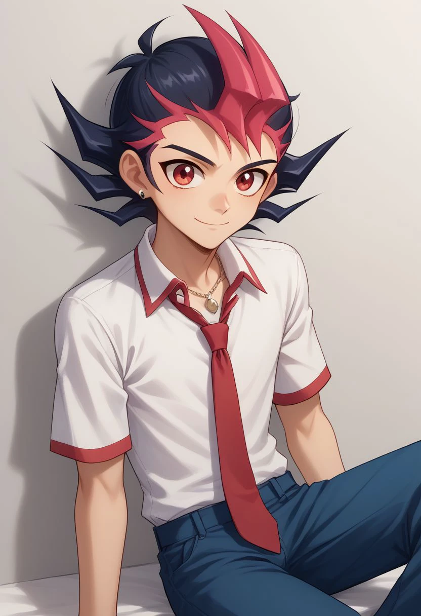 score_9, score_8_up, score_7_up, source_anime, highly detailed, cute,
yuma, 1boy, male focus, solo, red eyes, smile, closed mouth, shirt, white shirt, multicolored hair, collared shirt, bangs, jewelry, black hair, pink hair, necklace, red necktie, blue pants,
indoor, sit,