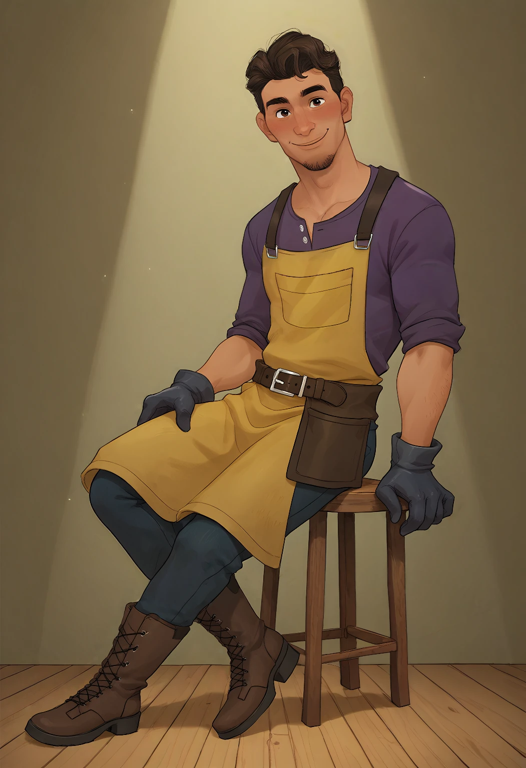 score_9_up score_8_up score_7_up,

male focus, mature male, solo, (beckoning, undressing, shirt lift), 

((coralpablo, outfit spring)), sitting on a ((wooden stool)), purple shirt, yellow apron, belt, gloves, pants, muscular, boots,

wooden floor, white plaster wall, simple background,