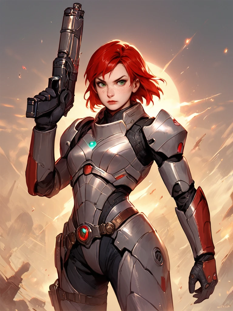 score_7_up, score_8_up, score_9, masterpiece, perfect face, high quality, source_anime, (1girl, solo,) <lora:FemShepard_-_Mass_Effect:1> femshep, red hair, short hair, green eyes, freckles, science fiction armor, cowboy shot, gun, holding weapon lipstick,