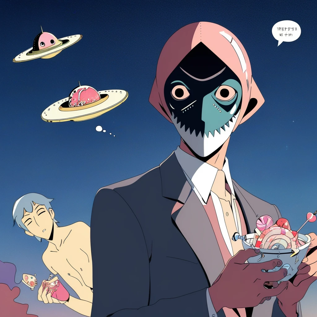 topless male, ufo, english text, formal, candy, shadow, serafuku, sparkle, gutted fish, mask, star (sky)