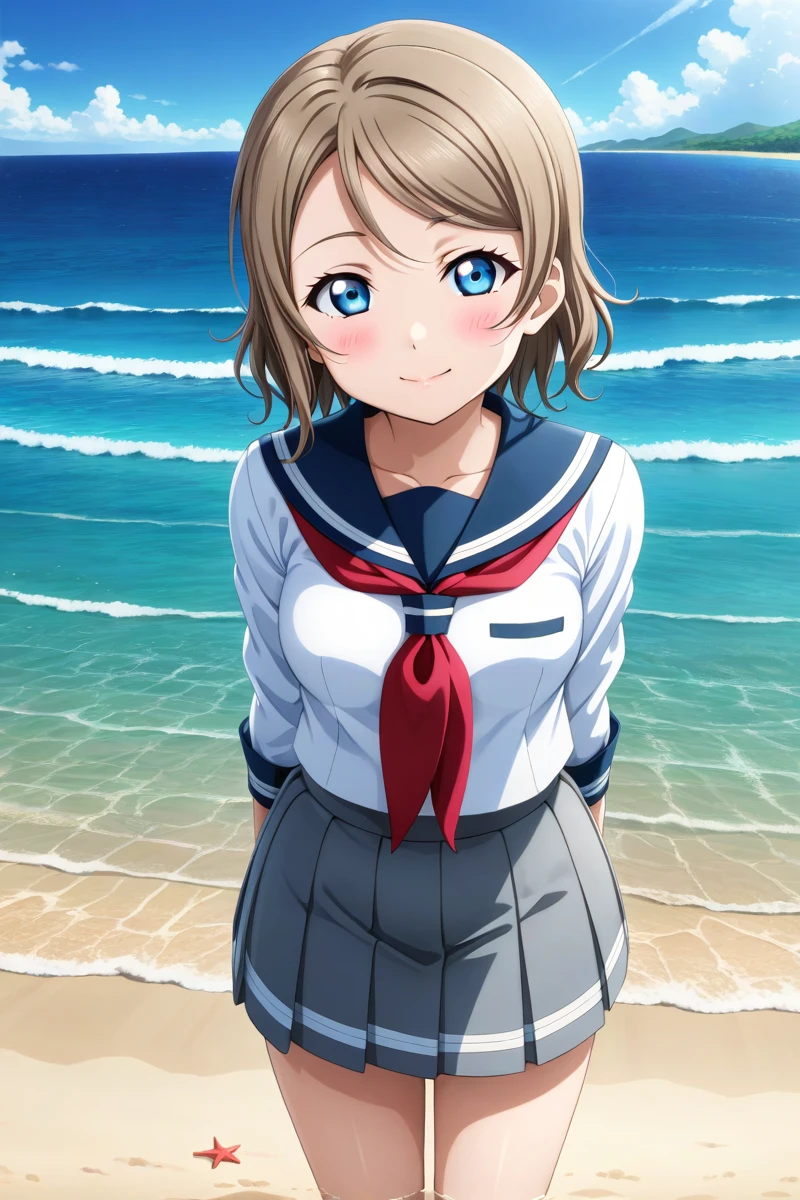 watanabe you,  grey hair,  grey skirt,  serafuku,  uniform,  red neckerchief, 1girl, solo, blue eyes, (yellow hair bow:0.4), /(love live series/), , (full body:0.6), ultra-detailed, shore, water, (),   <lora:lovelive3-10:0.3>,  closed mouth,  petite,  medium breast, ll style