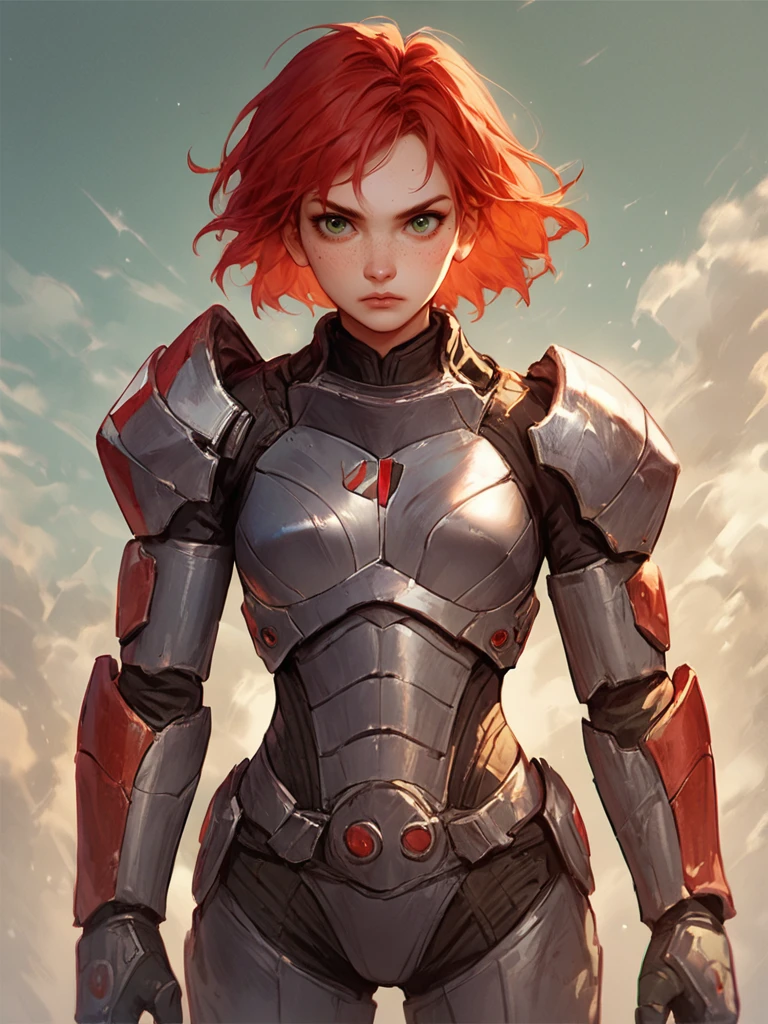 score_7_up, score_8_up, score_9, masterpiece, perfect face, high quality, source_anime, (1girl, solo,) <lora:FemShepard_-_Mass_Effect:1> femshep, red hair, short hair, green eyes, freckles, science fiction armor, cowboy shot,