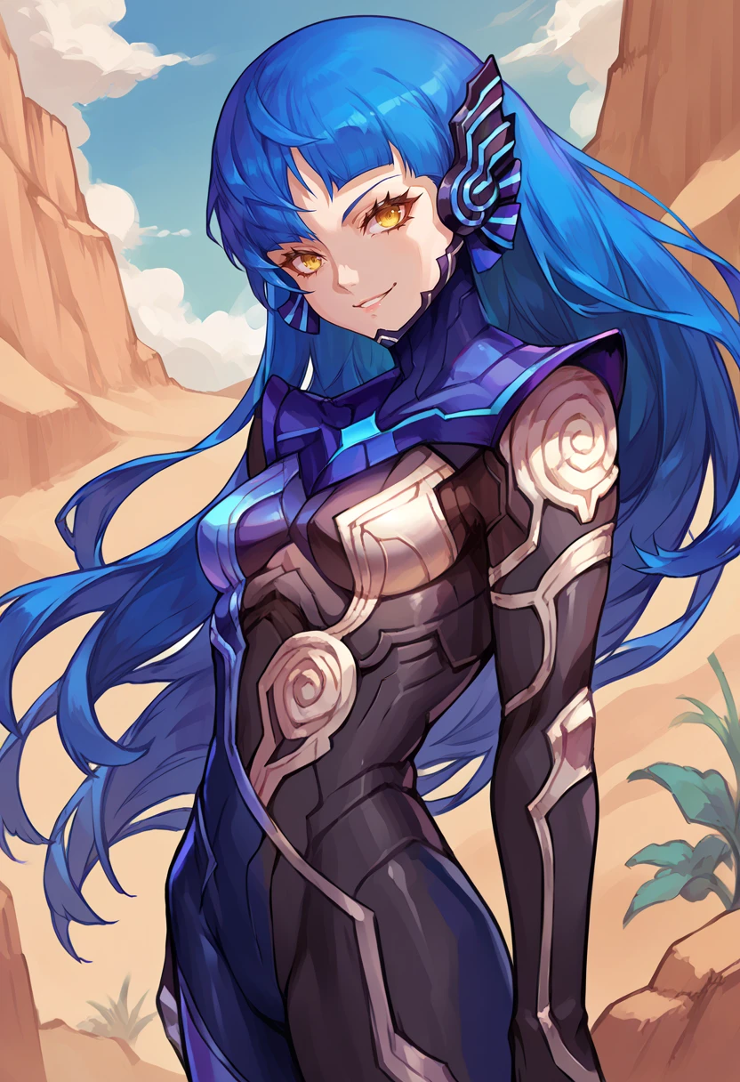 score_9, score_8_up, score_7_up, source_anime BREAK  solo, 1girl, smile, <lora:SmtV-Protag-pdxl_Fp-000008:1>, nahobino, long hair, blue hair, yellow eyes, bodysuit, armor, looking at viewer, desert, hair down,