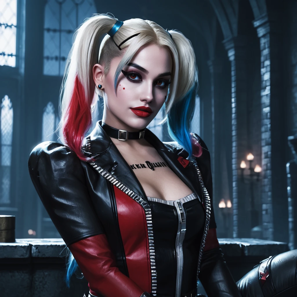 concept art close-up photo of a 4r14n4 a woman, dressed as harley quinn, at arkham city,  <lora:arijuu:.8> . digital artwork, illustrative, painterly, matte painting, highly detailed